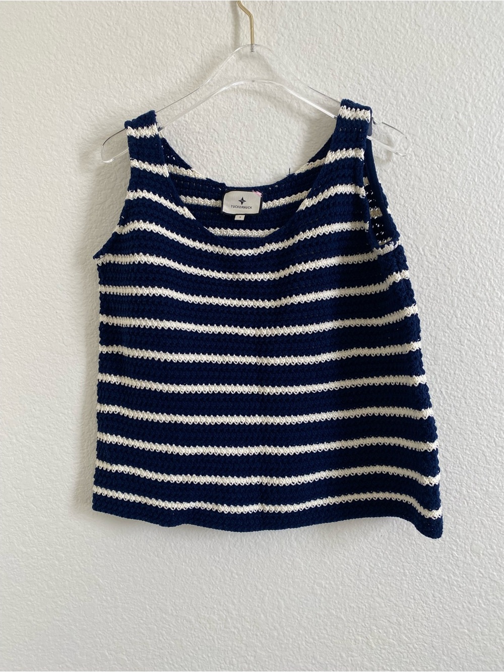 Tuckernuck Navy White Striped Crochet Knit CottonTank Top